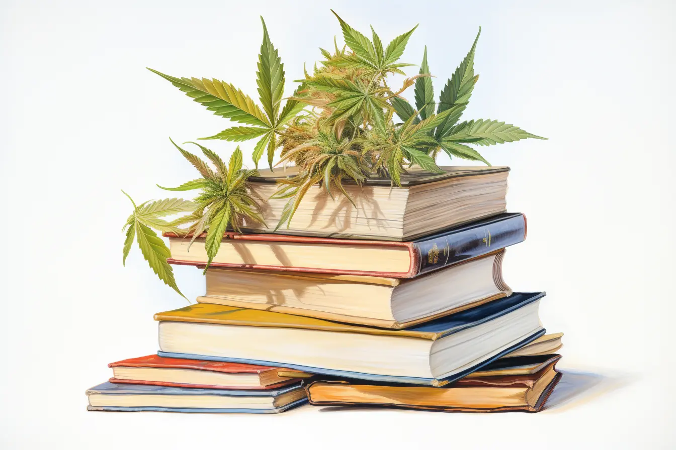 Cannabis ist eine Pflanze, die viele Namen führt und das Lesen von bunten Büchern spannender macht, wenn sie diese schmückt.